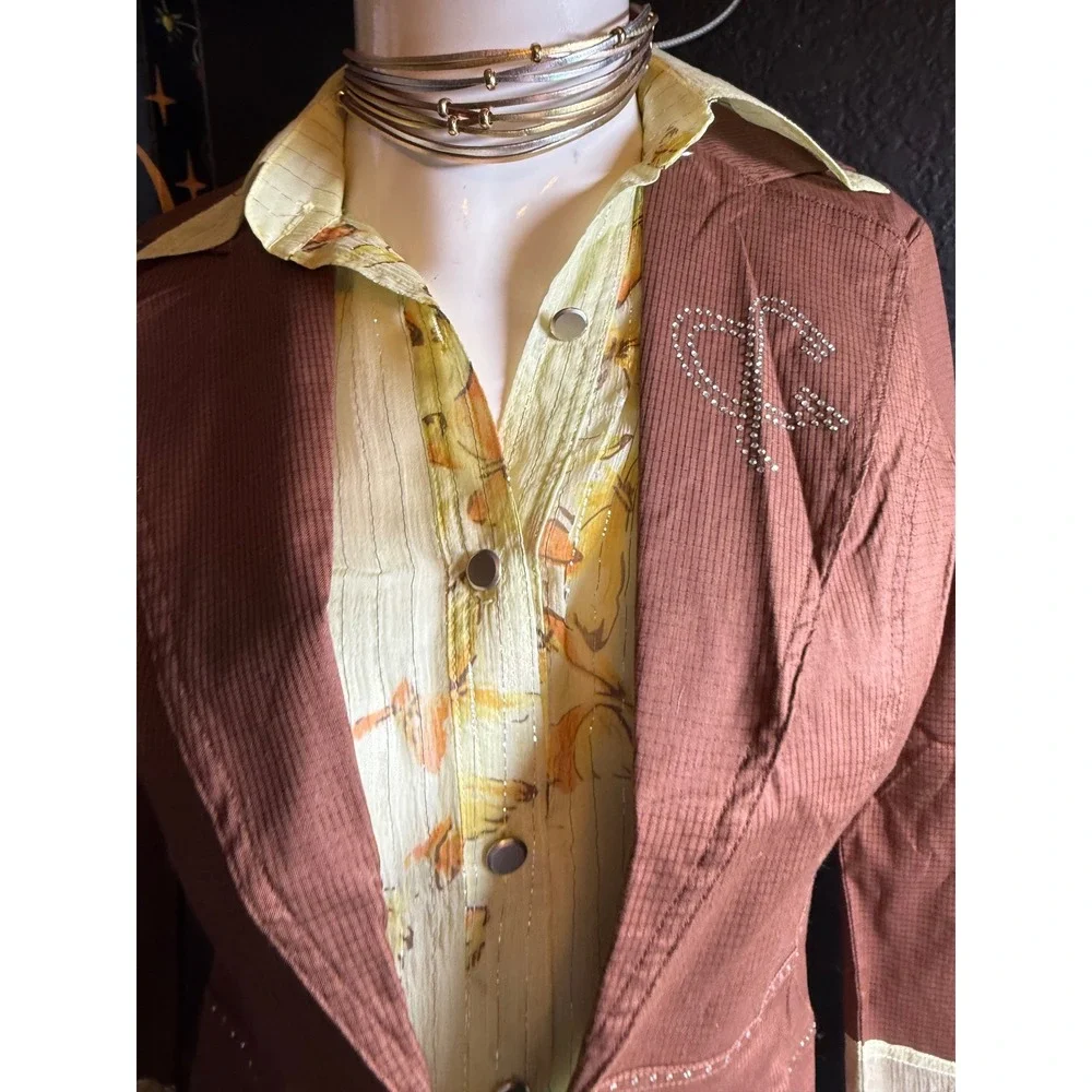West 36 Brown Cotton Blazer Jacket Floral Collar Rhinestone Heart Size M J104